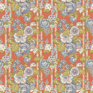 Fabric swatch of a lively, large scale floral fabric for curtains and upholstery with orange and lilac tones