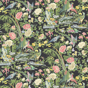 Fabric swatch of a lively, floral and bird fabric for curtains and upholstery