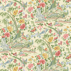 Fabric swatch of a lively, floral and bird fabric for curtains and upholstery