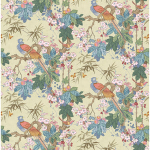 Fabric swatch of a lively, tropical floral and bird fabric for curtains and upholstery