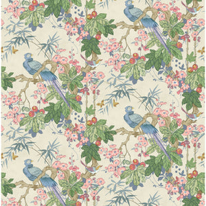 Fabric swatch of a lively, tropical floral and bird fabric for curtains and upholstery