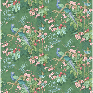 Fabric swatch of a lively, tropical floral and bird fabric for curtains and upholstery