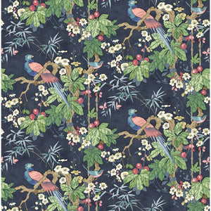 Fabric swatch of a lively, tropical floral and bird fabric for curtains and upholstery