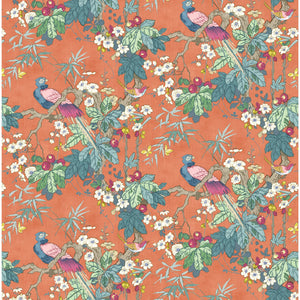 Fabric swatch of a lively, tropical floral and bird fabric for curtains and upholstery