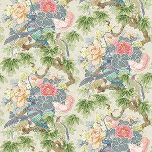 Fabric swatch of a floral and bird linen fabric for curtains and upholstery