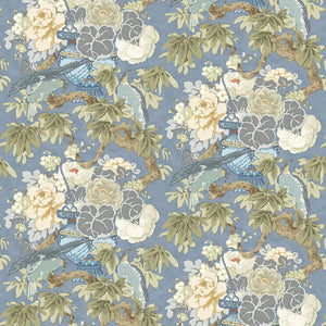 Fabric swatch of a floral and bird linen fabric for curtains and upholstery