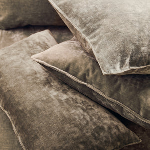 Cushions in a taupe coloured stain resistant crushed velvet fabric, perfect for brown crushed velvet sofa or curtains