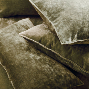 Cushions in a khaki stain resistant crushed velvet fabric, perfect for khaki velvet sofa or curtains