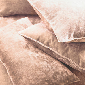 Cushions in a blush pink stain resistant crushed velvet fabric, perfect for pink crushed velvet sofa or curtains