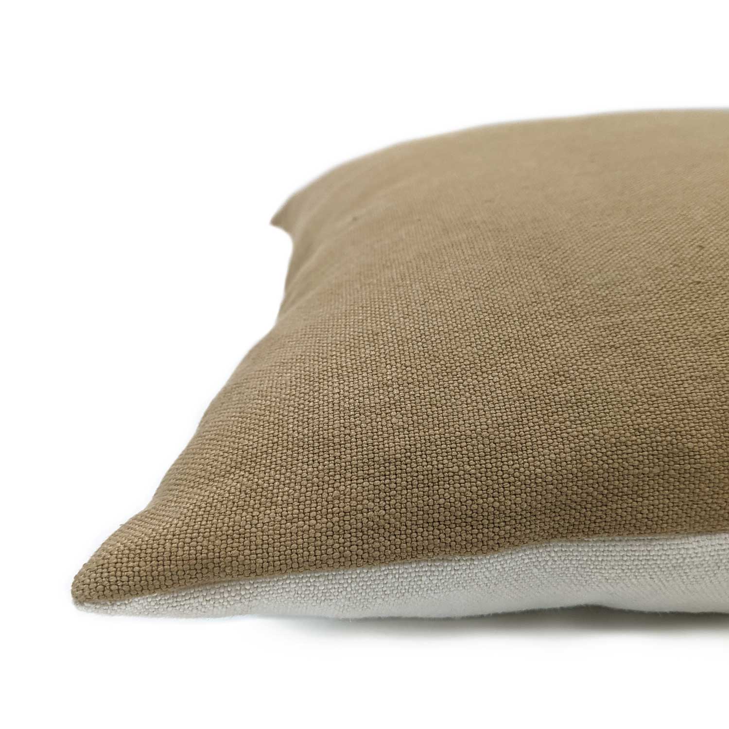 A white and brown two tone linen cushion.