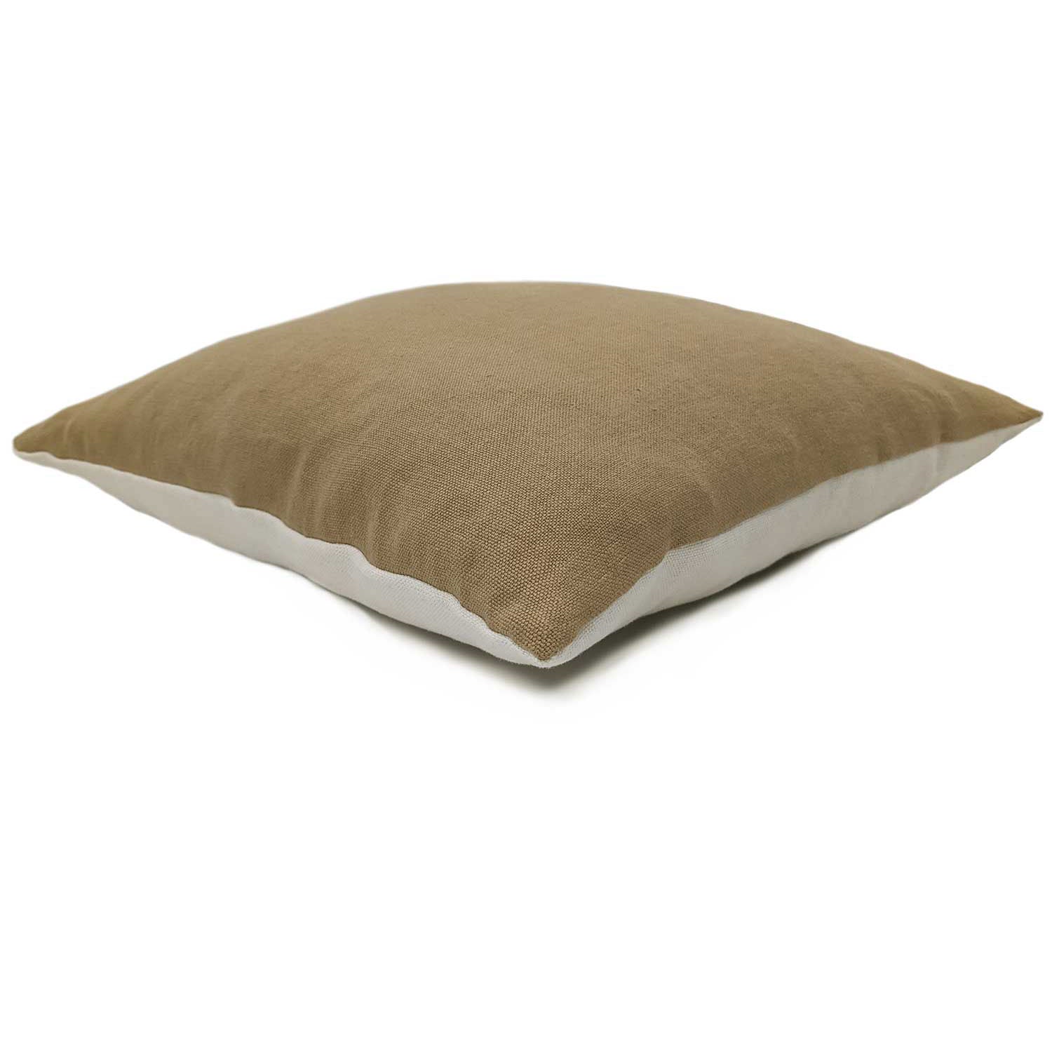 A white and brown two tone linen cushion.