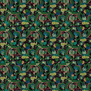 Printed velvet fabric with intricate mirror dragon design in green colours, for upholstery and curtain use.