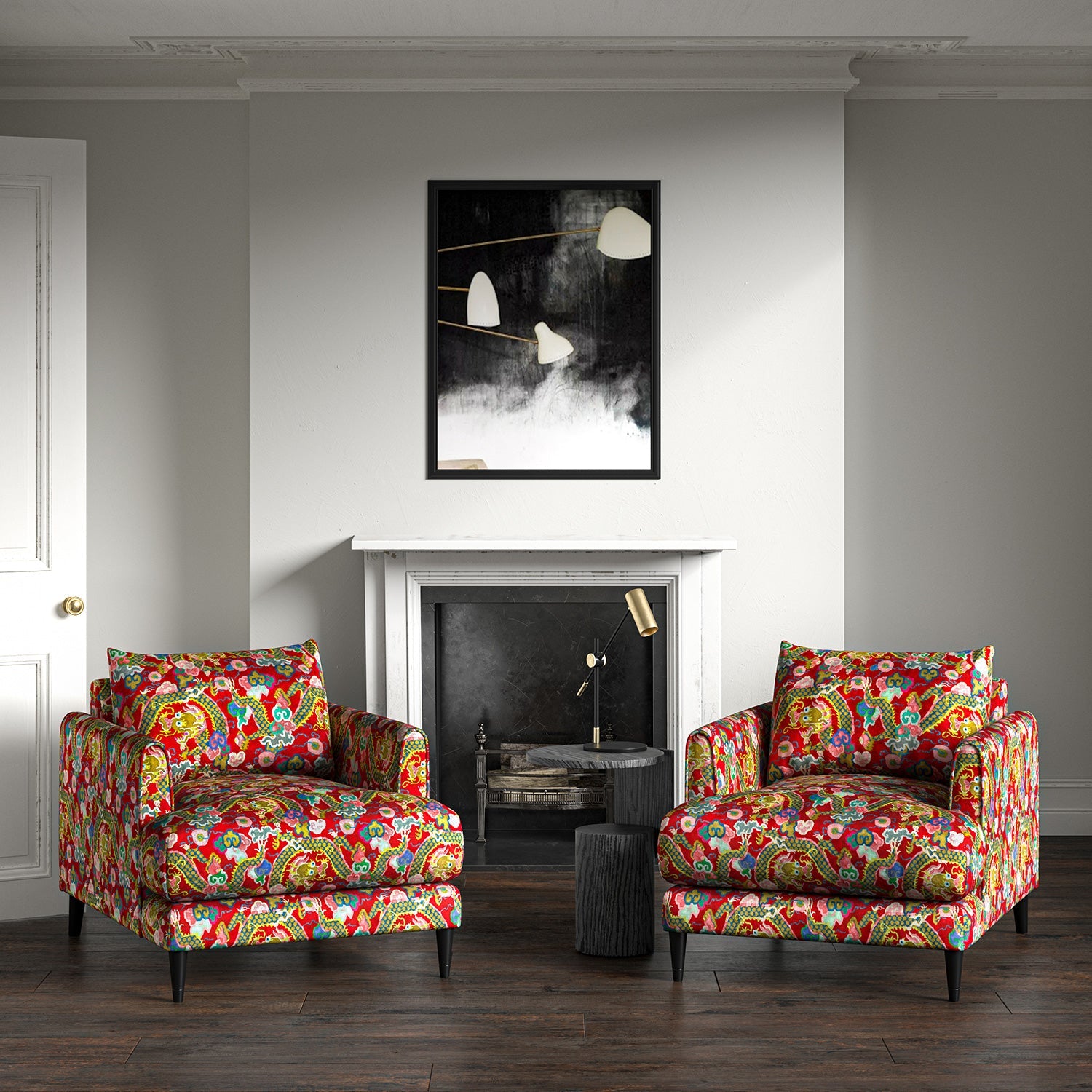 Velvet armchairs upholstered in a printed velvet fabric with a intricate mirror dragon design in red colours.