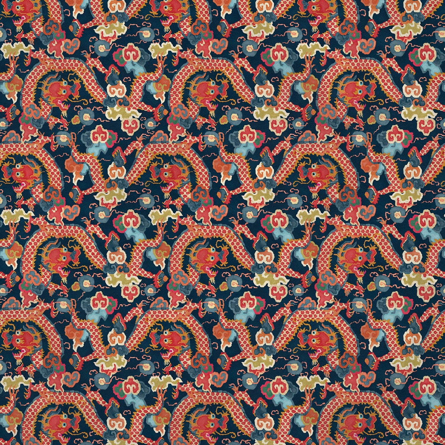 Printed velvet fabric with intricate mirror dragon design in orange and blue colours, for upholstery and curtain use.