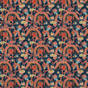 Printed velvet fabric with intricate mirror dragon design in orange and blue colours, for upholstery and curtain use.