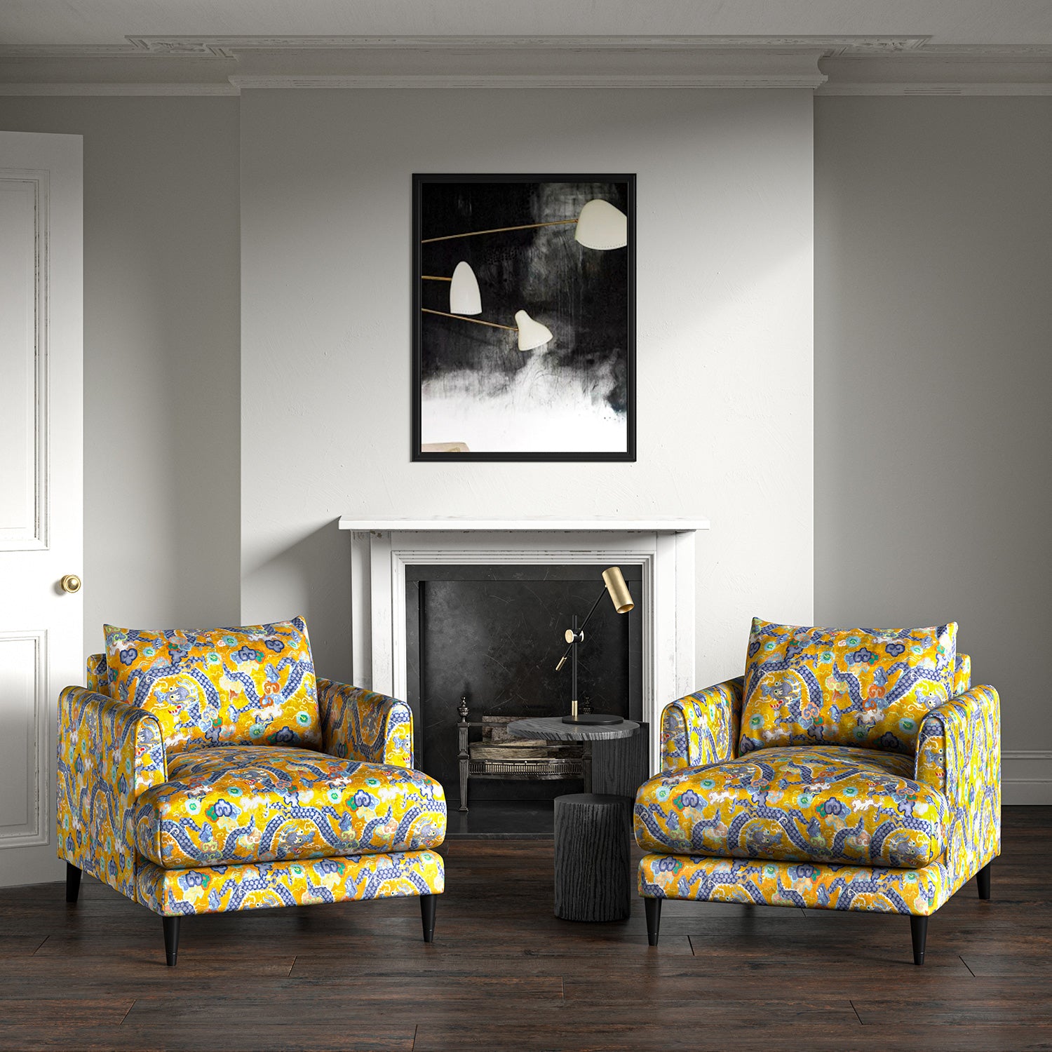 Velvet armchairs upholstered in a printed velvet fabric with a intricate mirror dragon design in yellow colours.