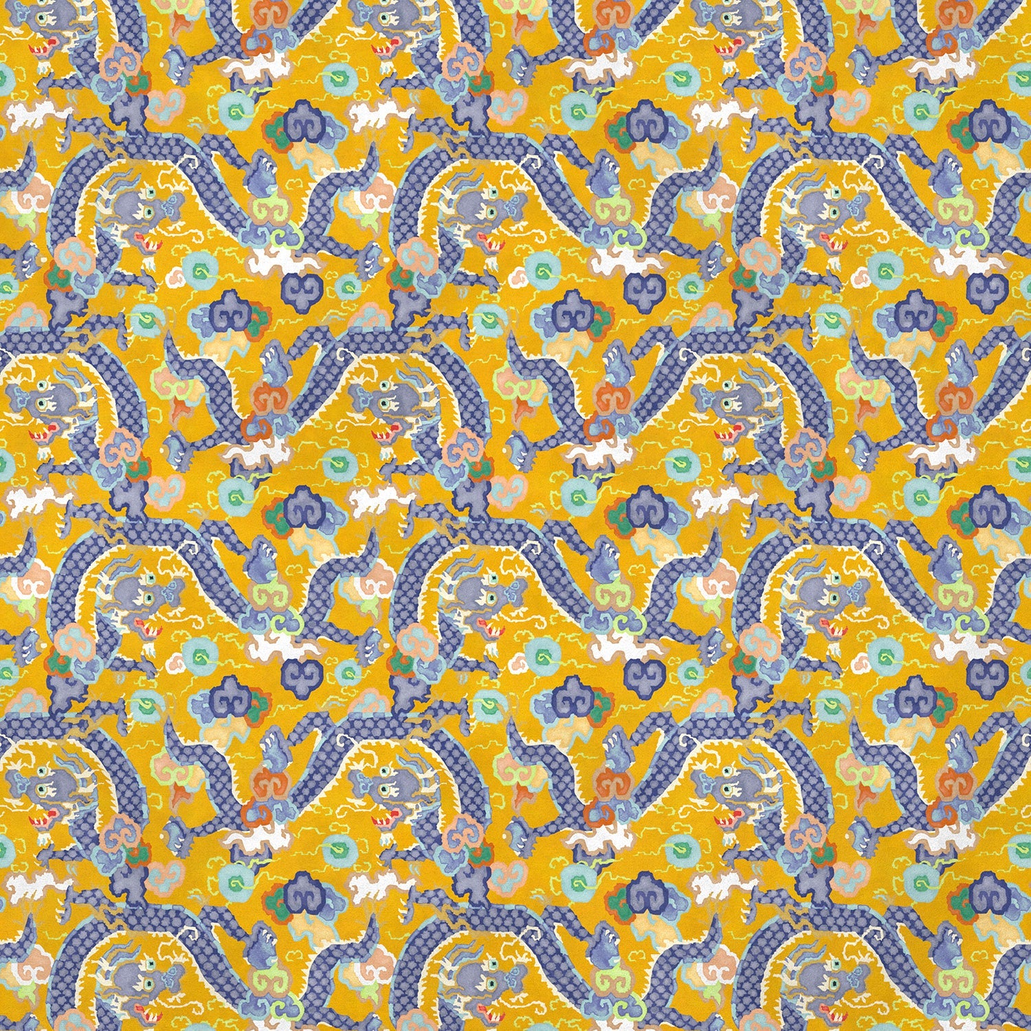 Printed velvet fabric with intricate mirror dragon design in yellow colours, for upholstery and curtain use.