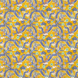 Printed velvet fabric with intricate mirror dragon design in yellow colours, for upholstery and curtain use.