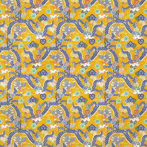 Printed velvet fabric with intricate mirror dragon design in yellow colours, for upholstery and curtain use.