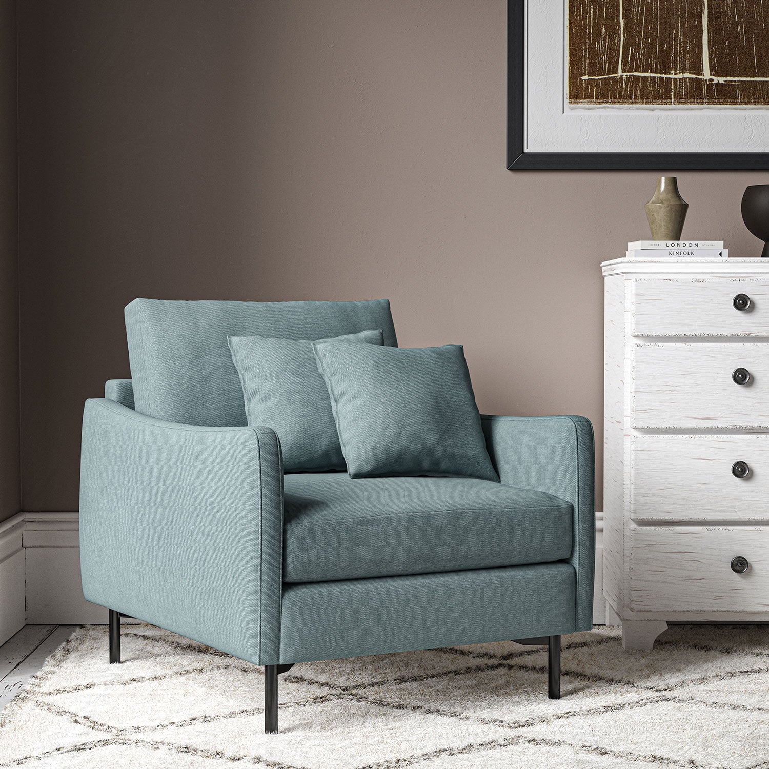 Chair upholstered in Cerulean linen fabric