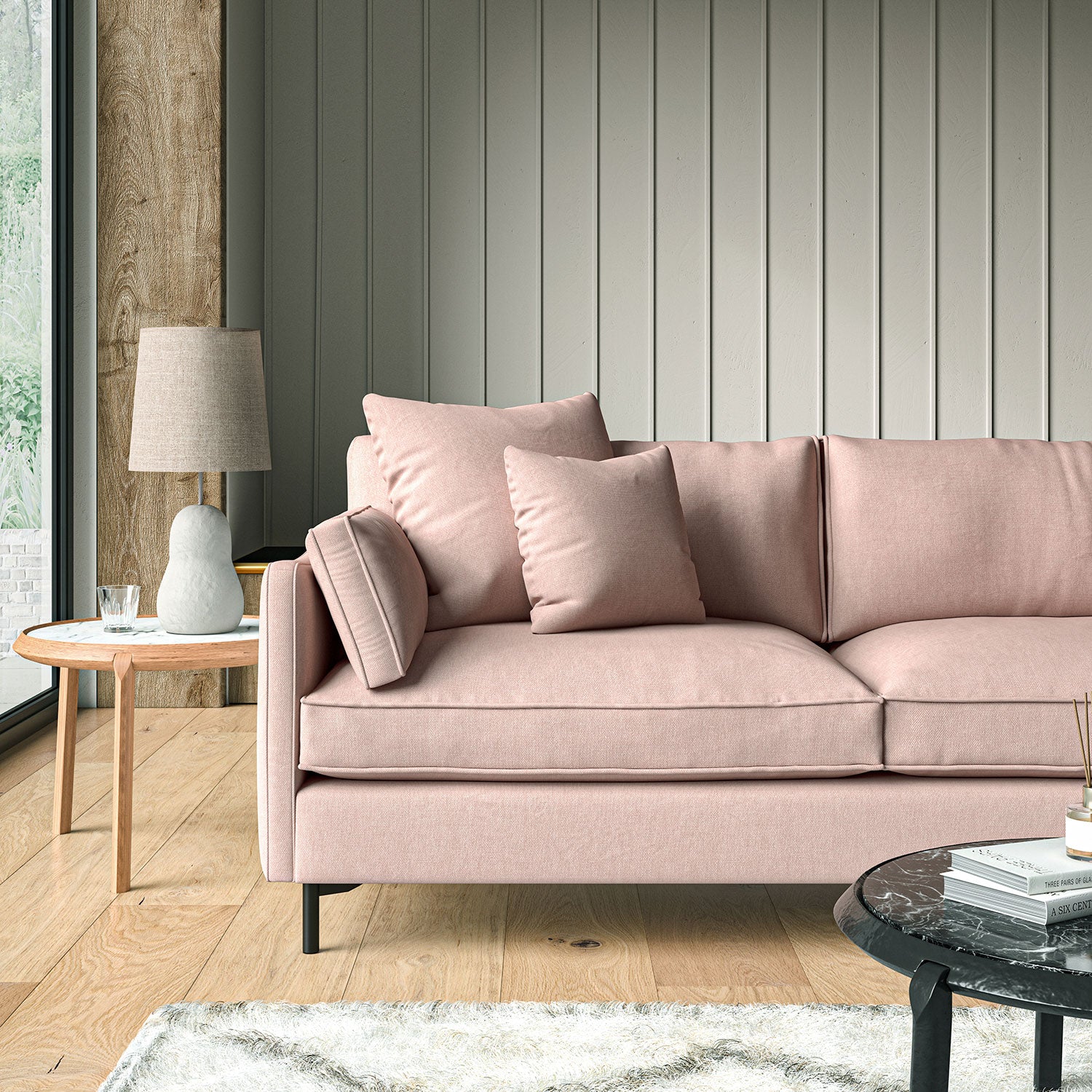 Sofa upholstered in Dusky Pink linen fabric 