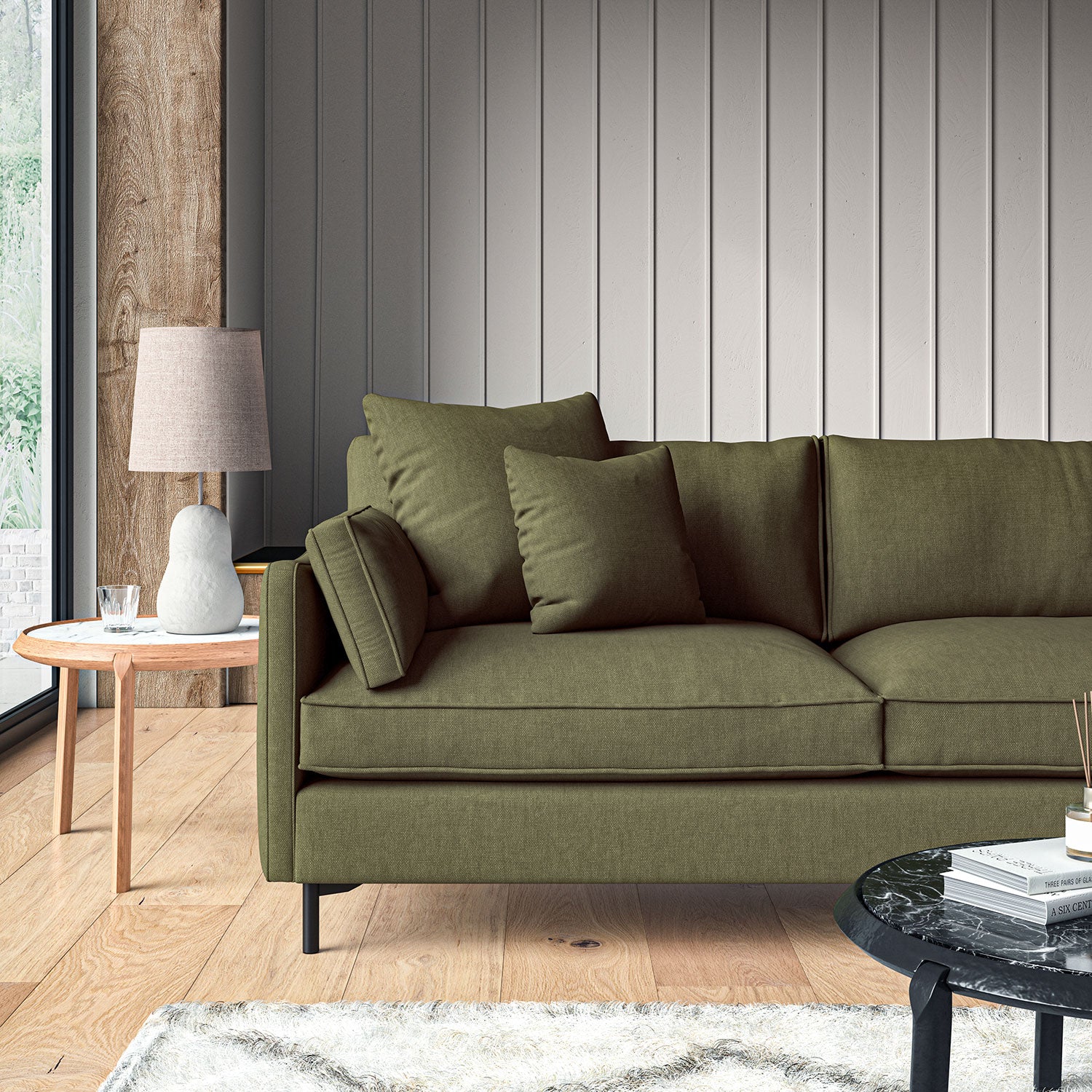 Sofa upholstered in Khaki linen fabric