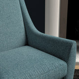 Chair upholstered in a blue herringbone wool weave upholstery fabric