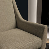 Chair upholstered in a dark neutral herringbone wool weave upholstery fabric