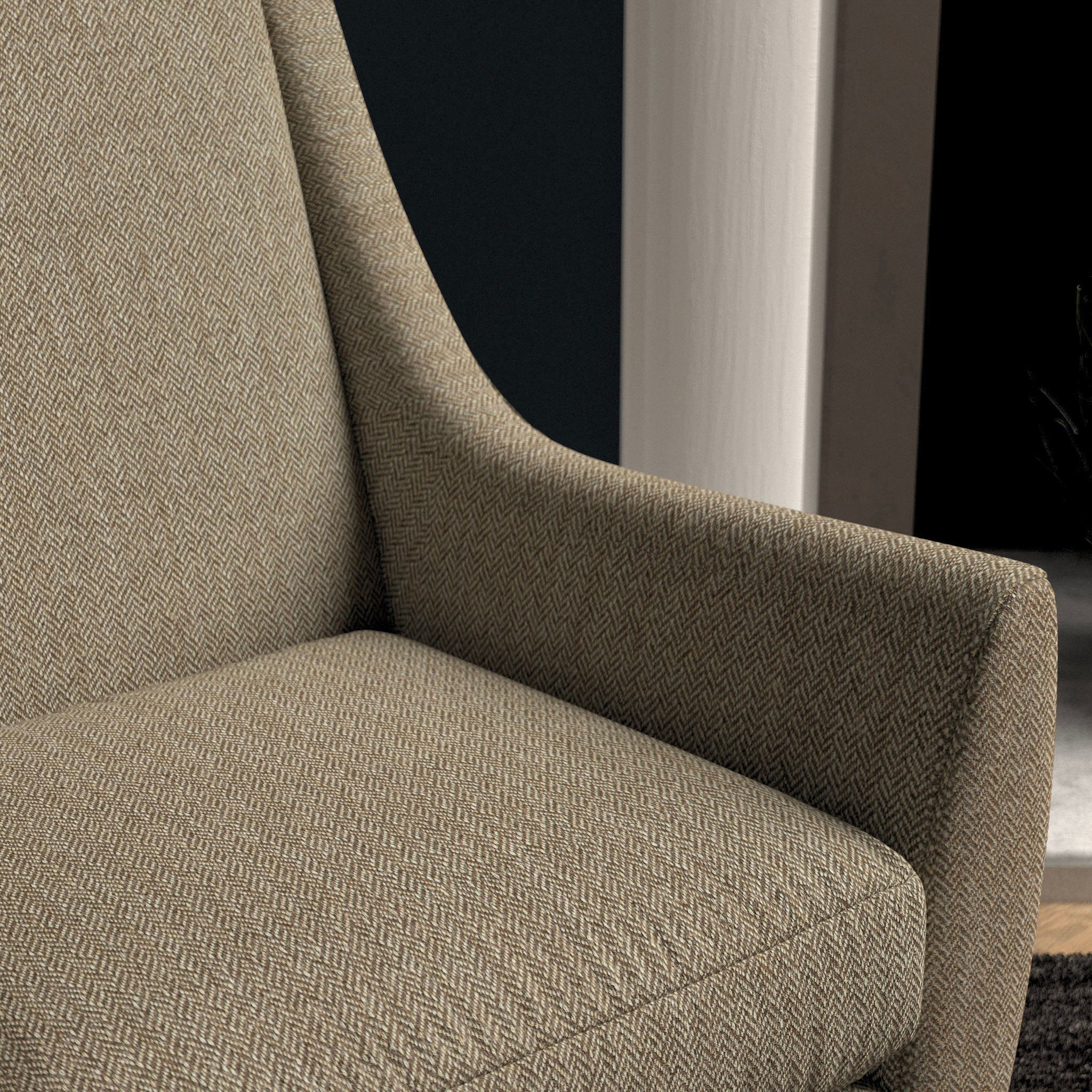 Chair upholstered in a dark neutral herringbone wool weave upholstery fabric
