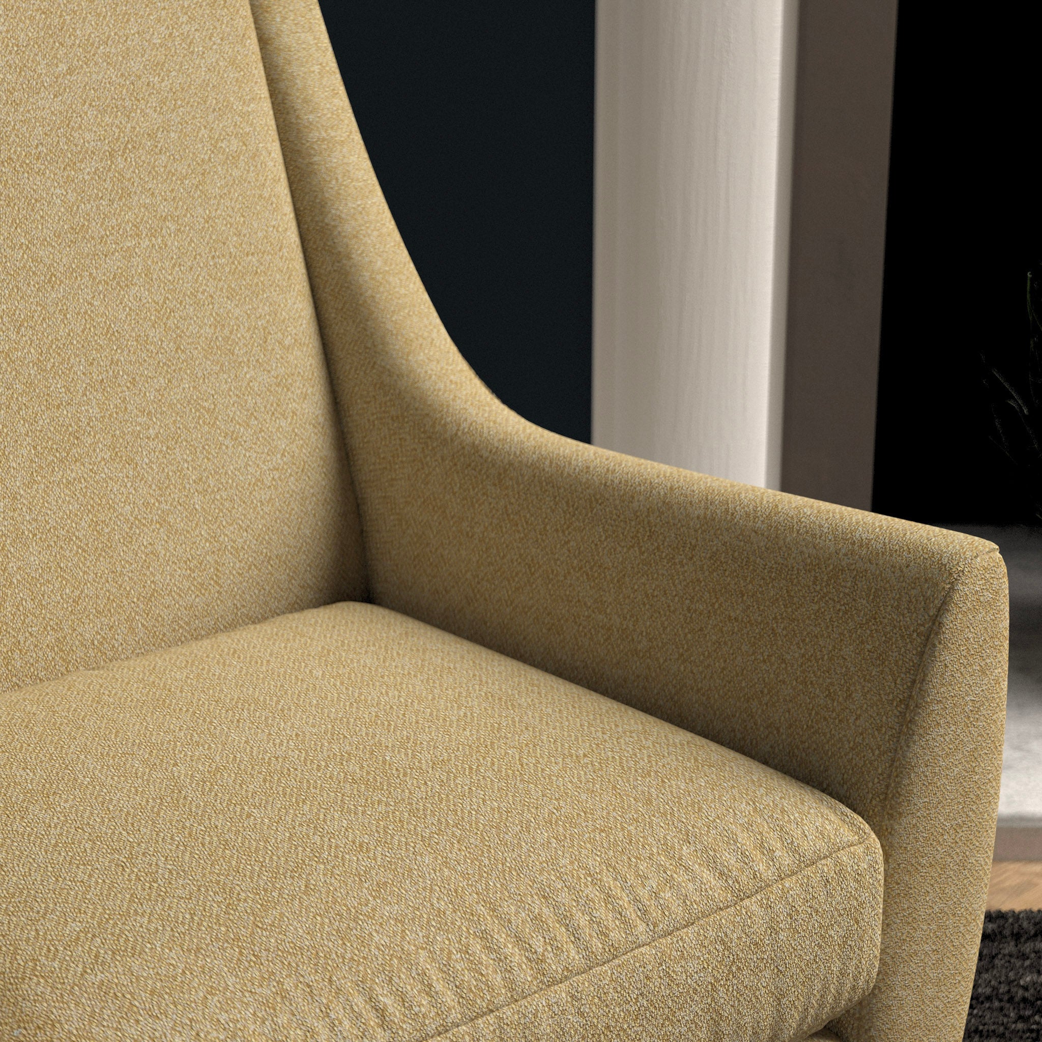 Chair upholstered in a light yellow herringbone wool weave upholstery fabric