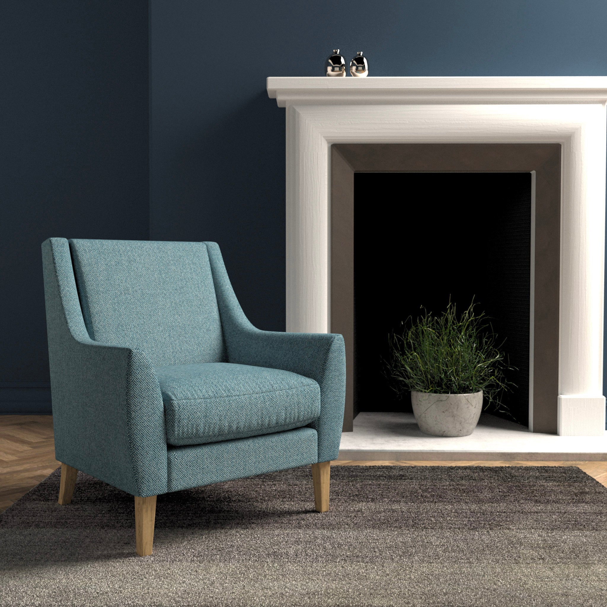 Chair in a blue herringbone wool upholstery fabric