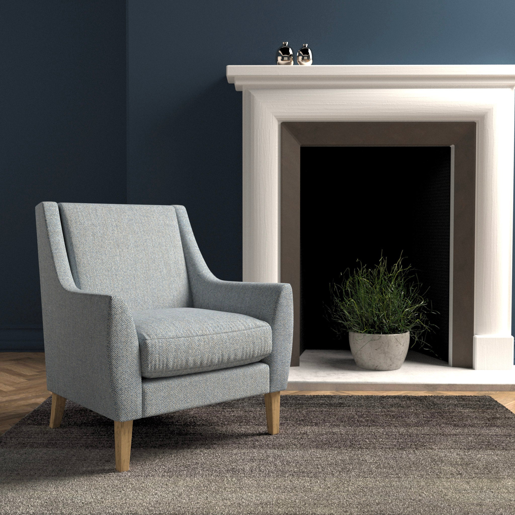 Chair in a light blue herringbone wool upholstery fabric