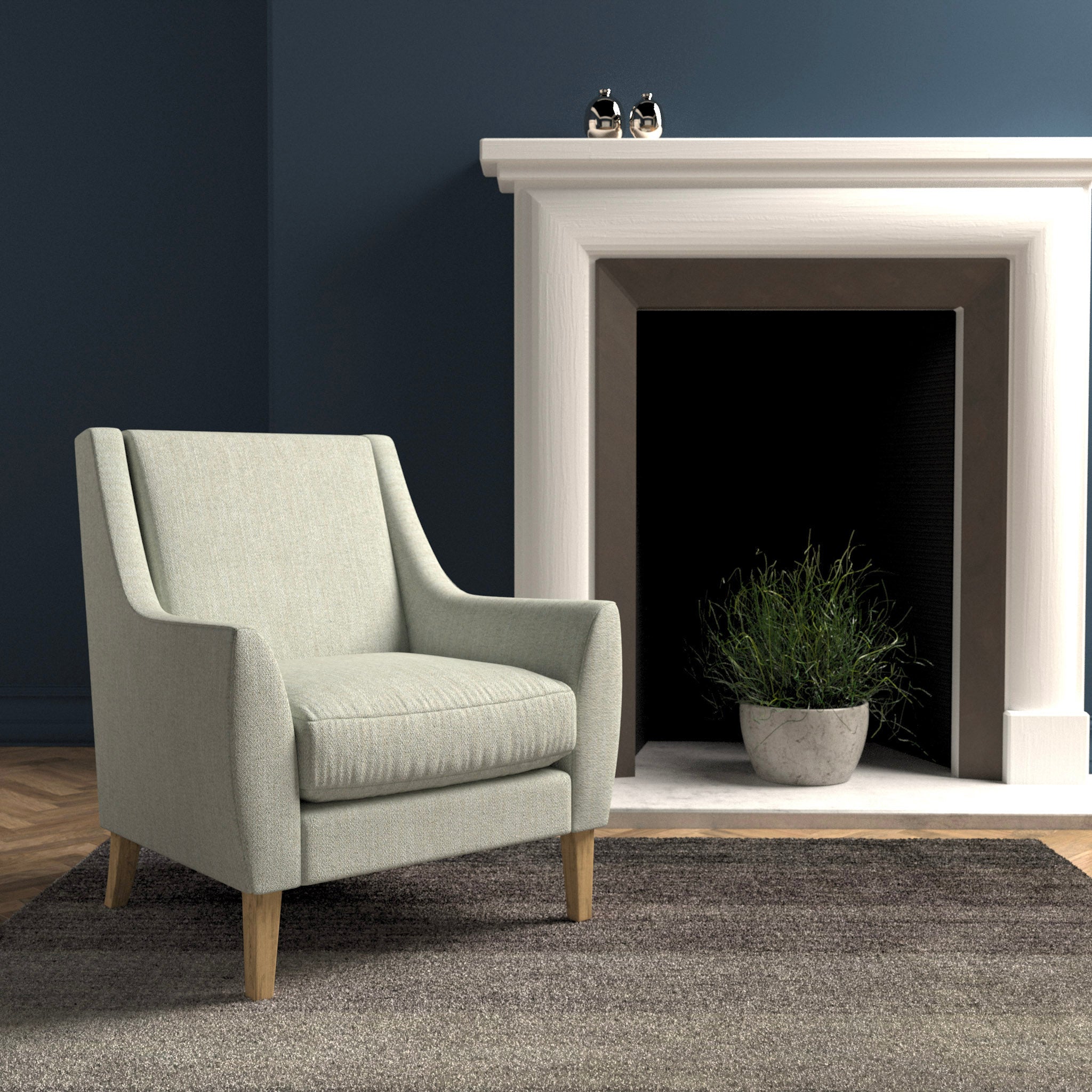 Chair in a light grey herringbone wool upholstery fabric