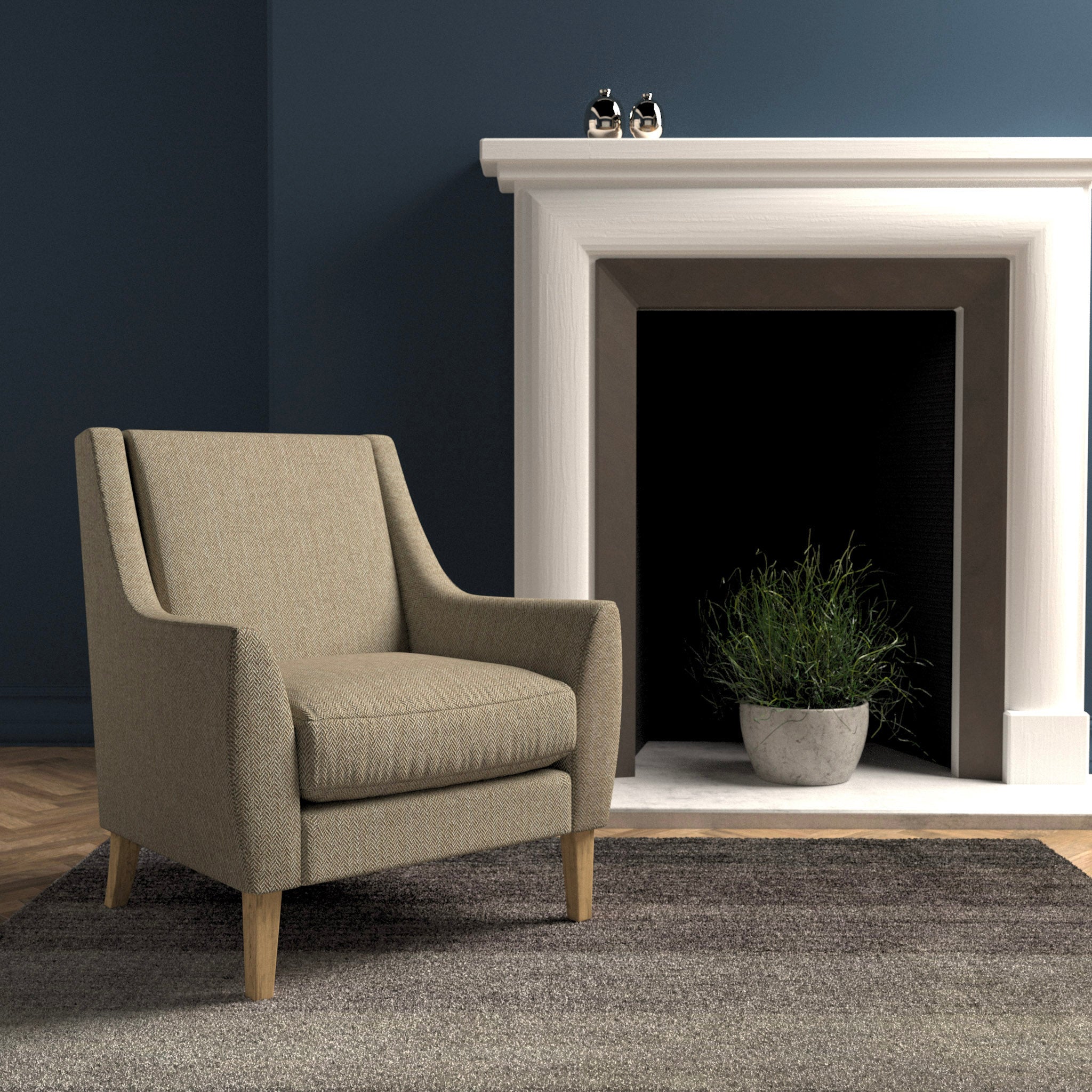 Chair in a dark neutral herringbone wool upholstery fabric