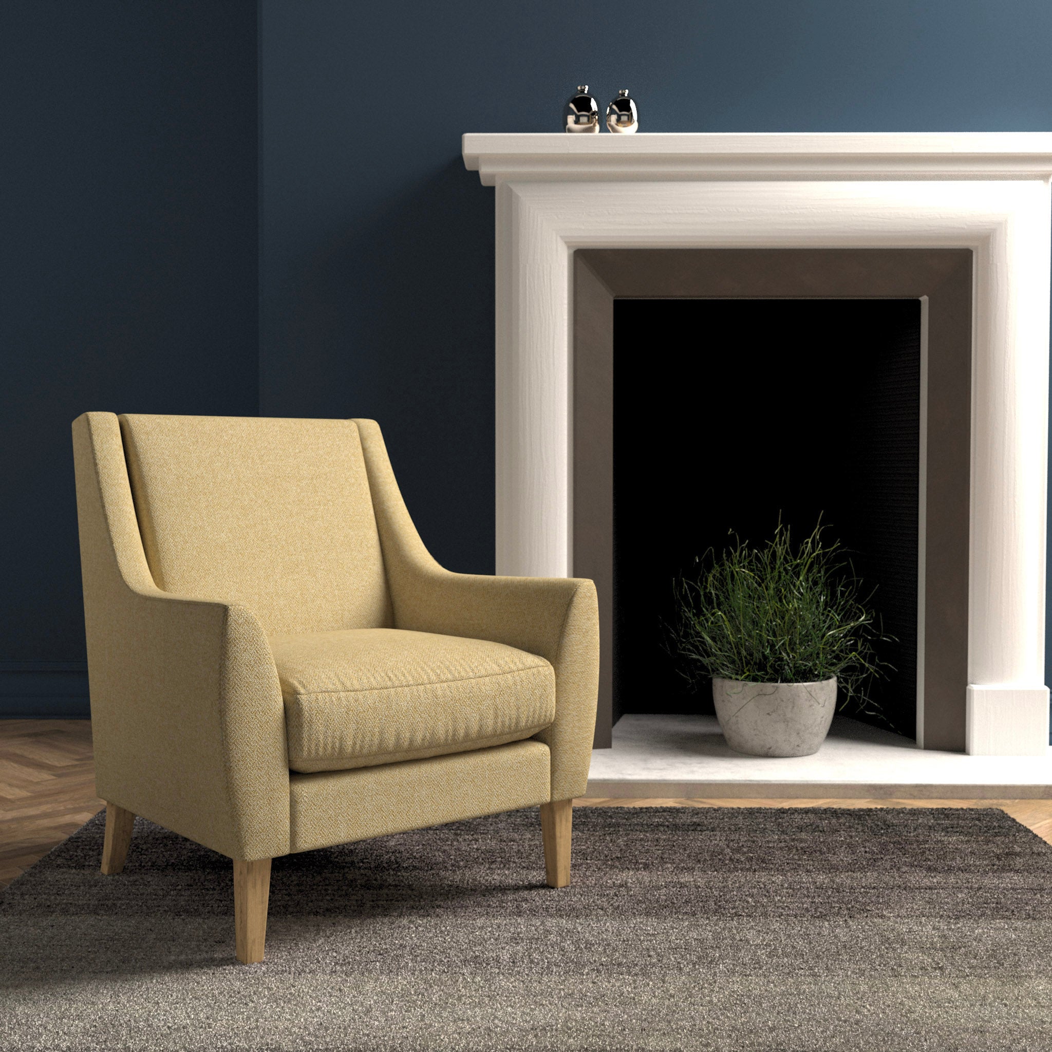 Chair in a light yellow herringbone wool upholstery fabric