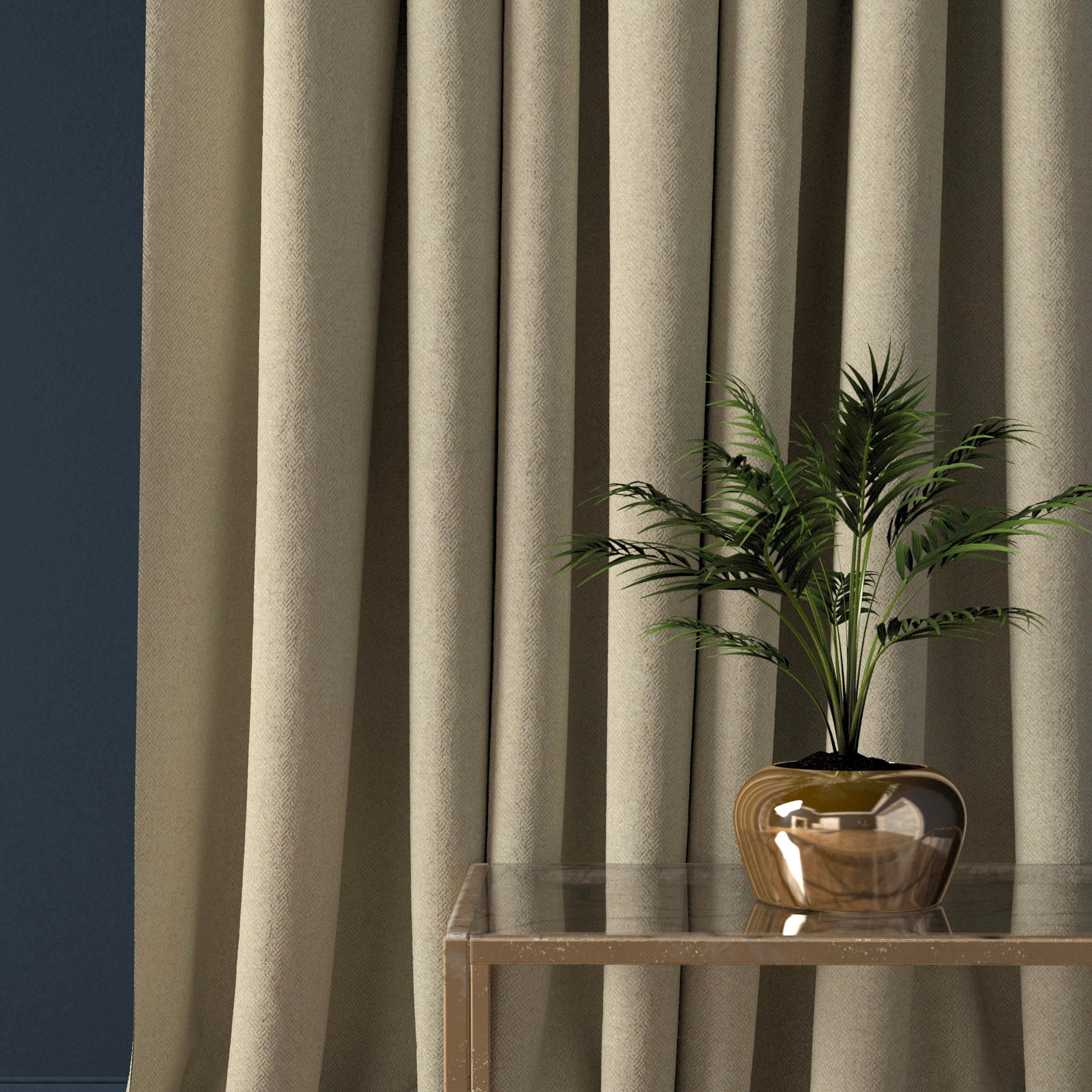 Curtain in a light neutral herringbone wool fabric