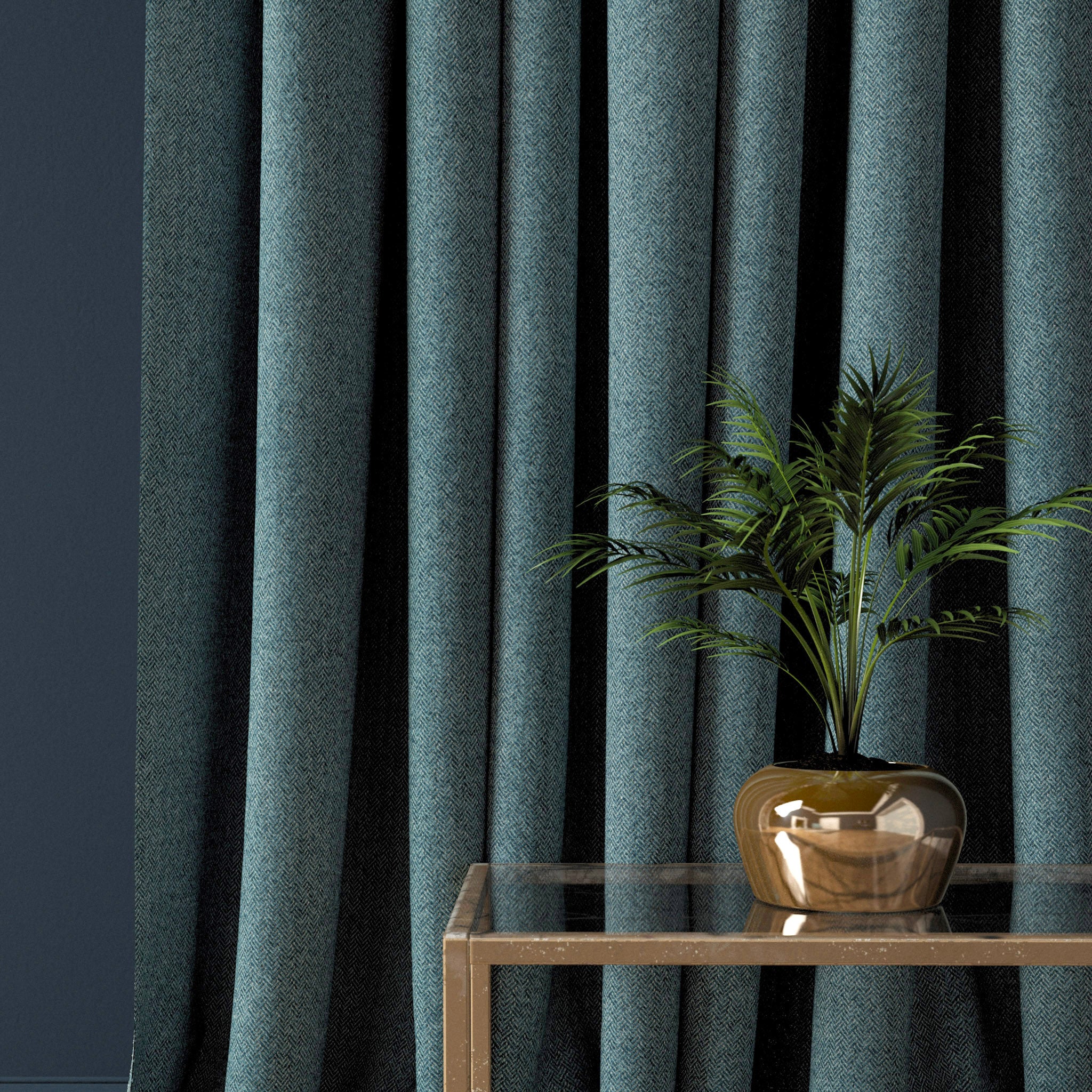 Curtain in a aqua blue herringbone wool fabric