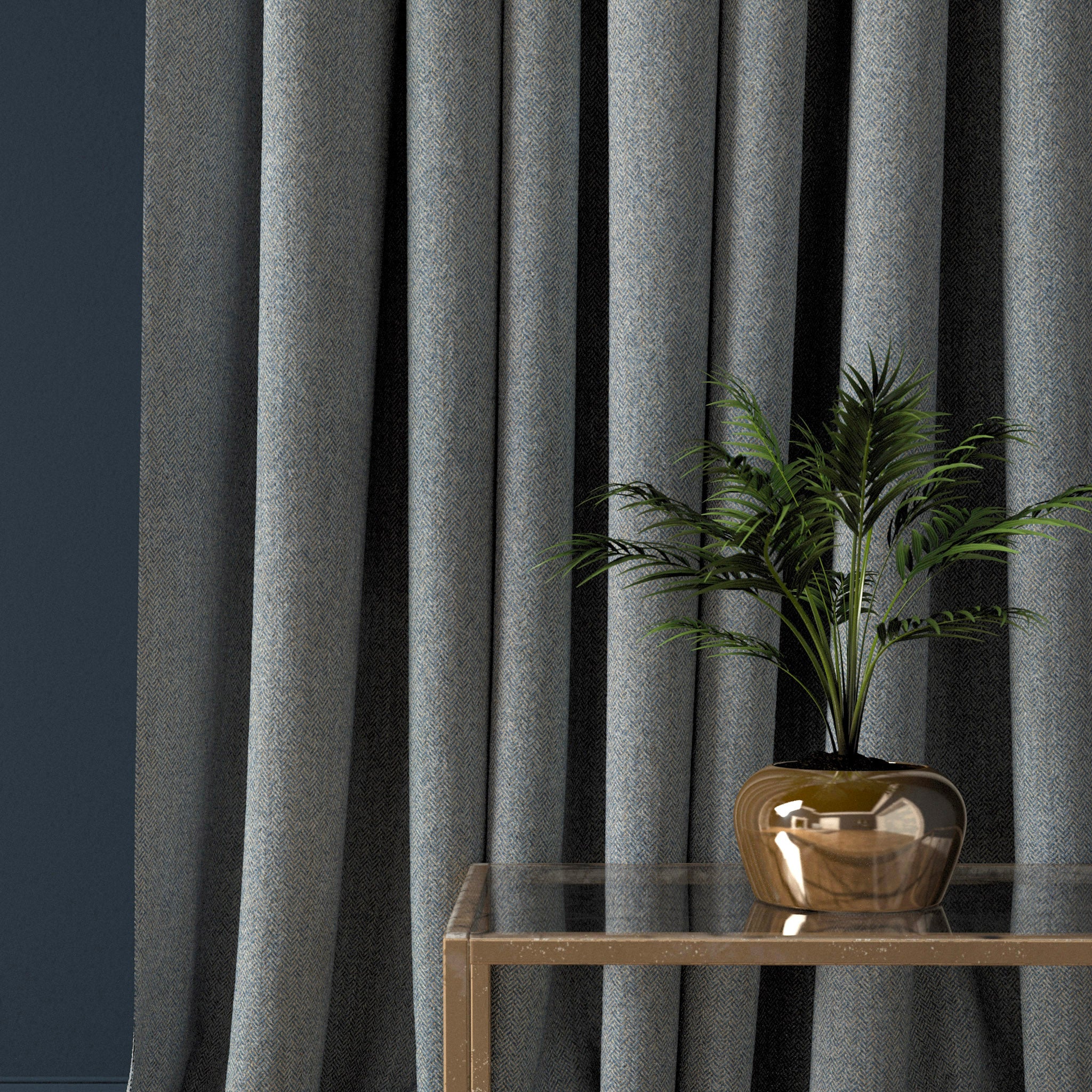 Curtain in a blue herringbone wool fabric
