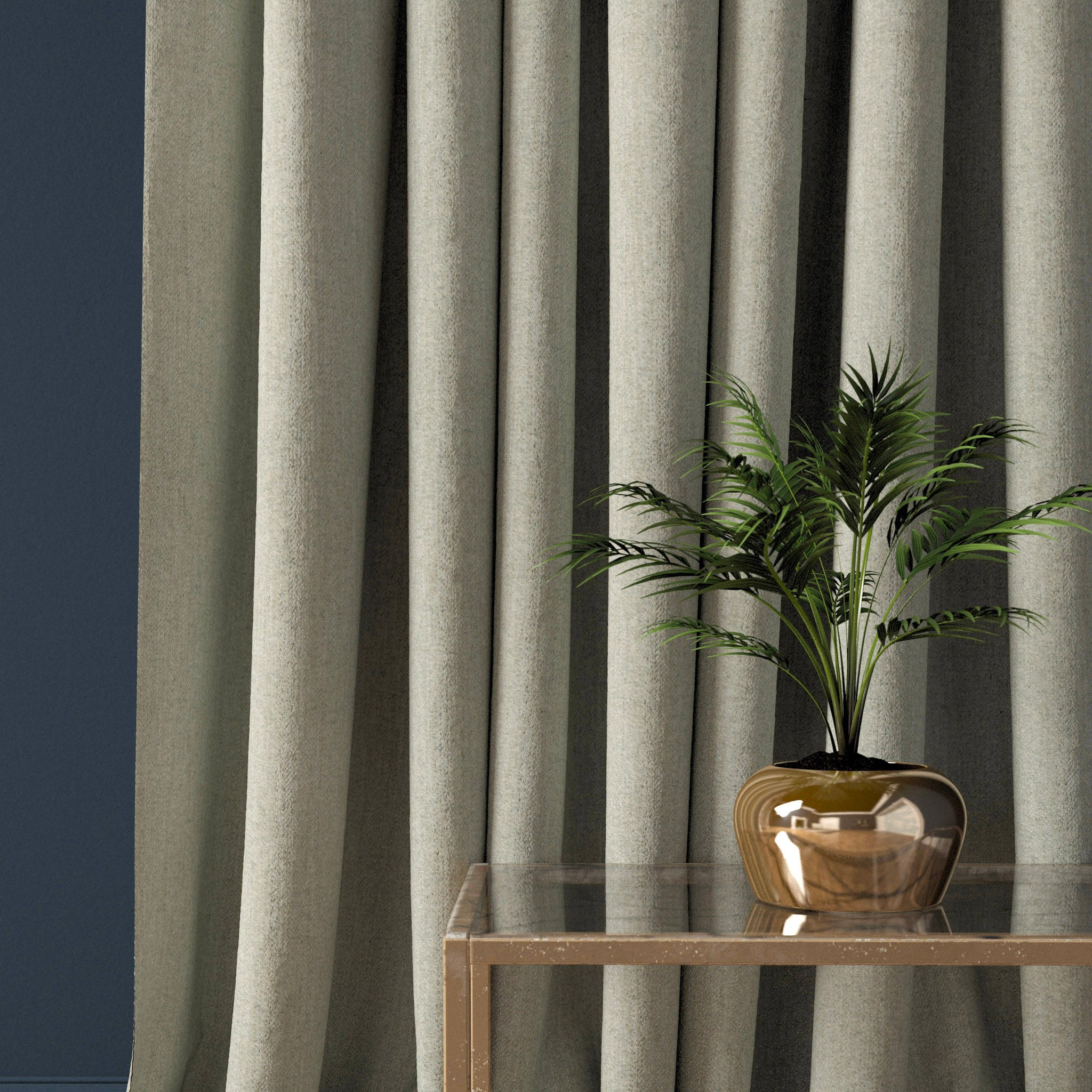 Curtain in a light grey herringbone wool fabric