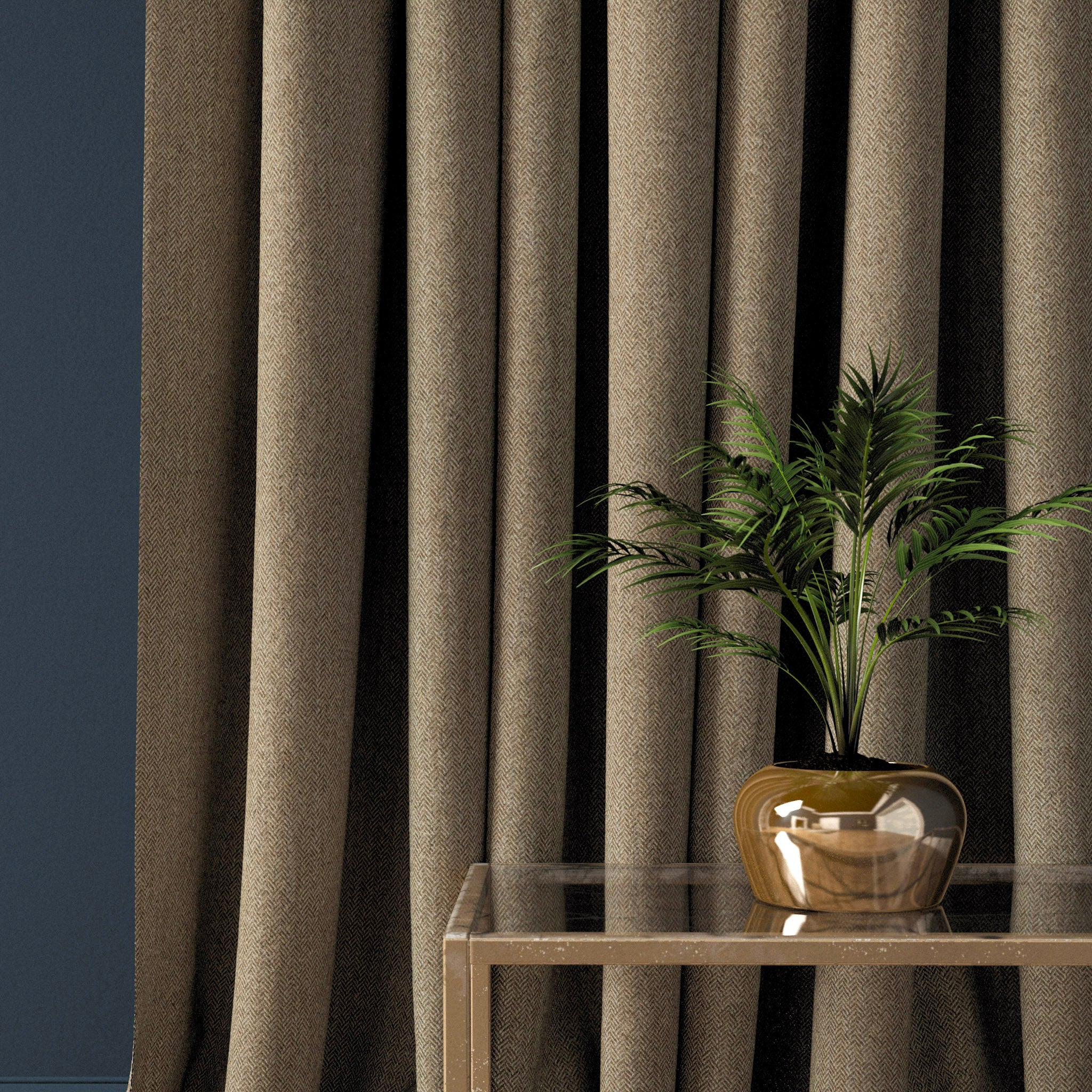 Curtain in a mid-brown herringbone wool fabric