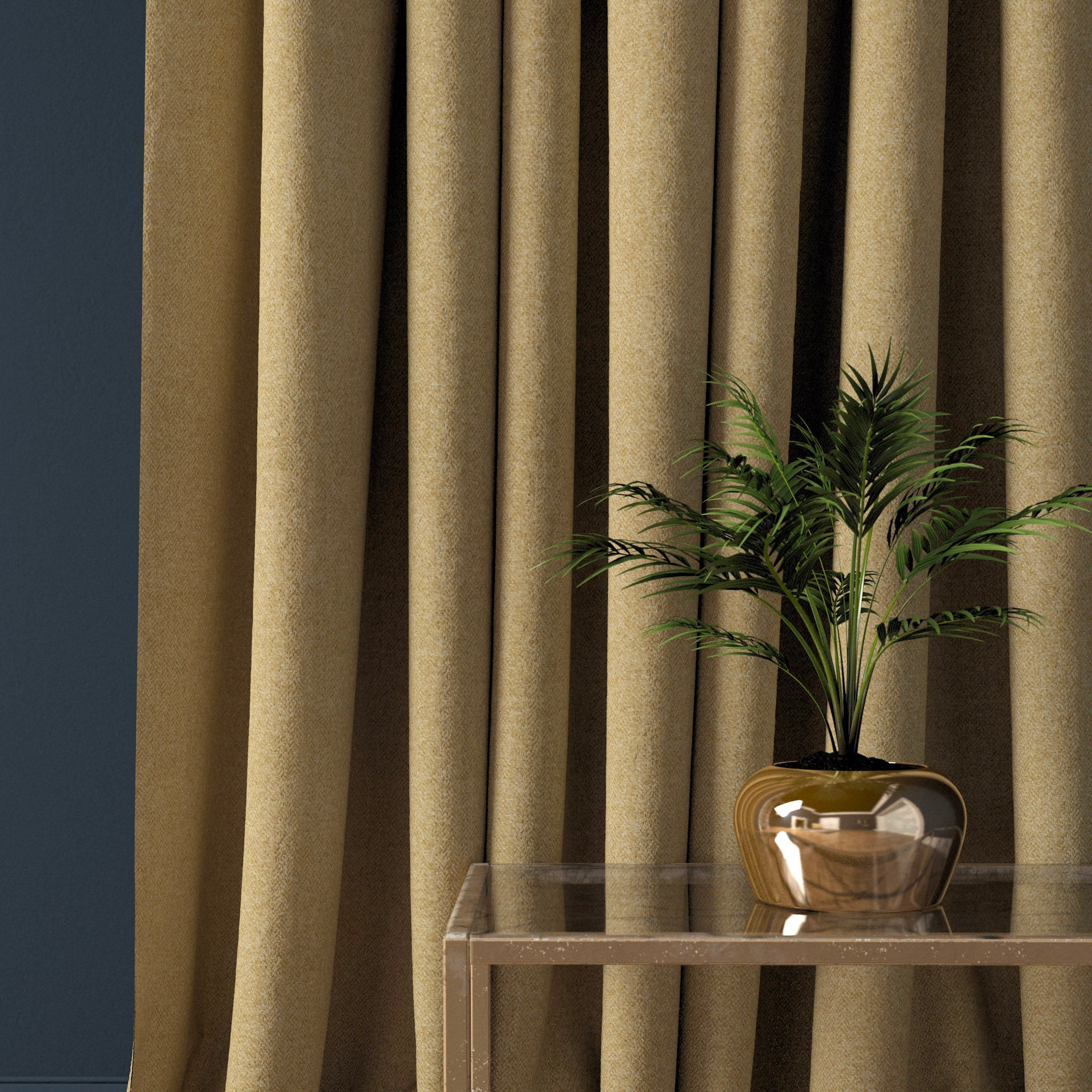 Curtain in a ochre herringbone wool fabric