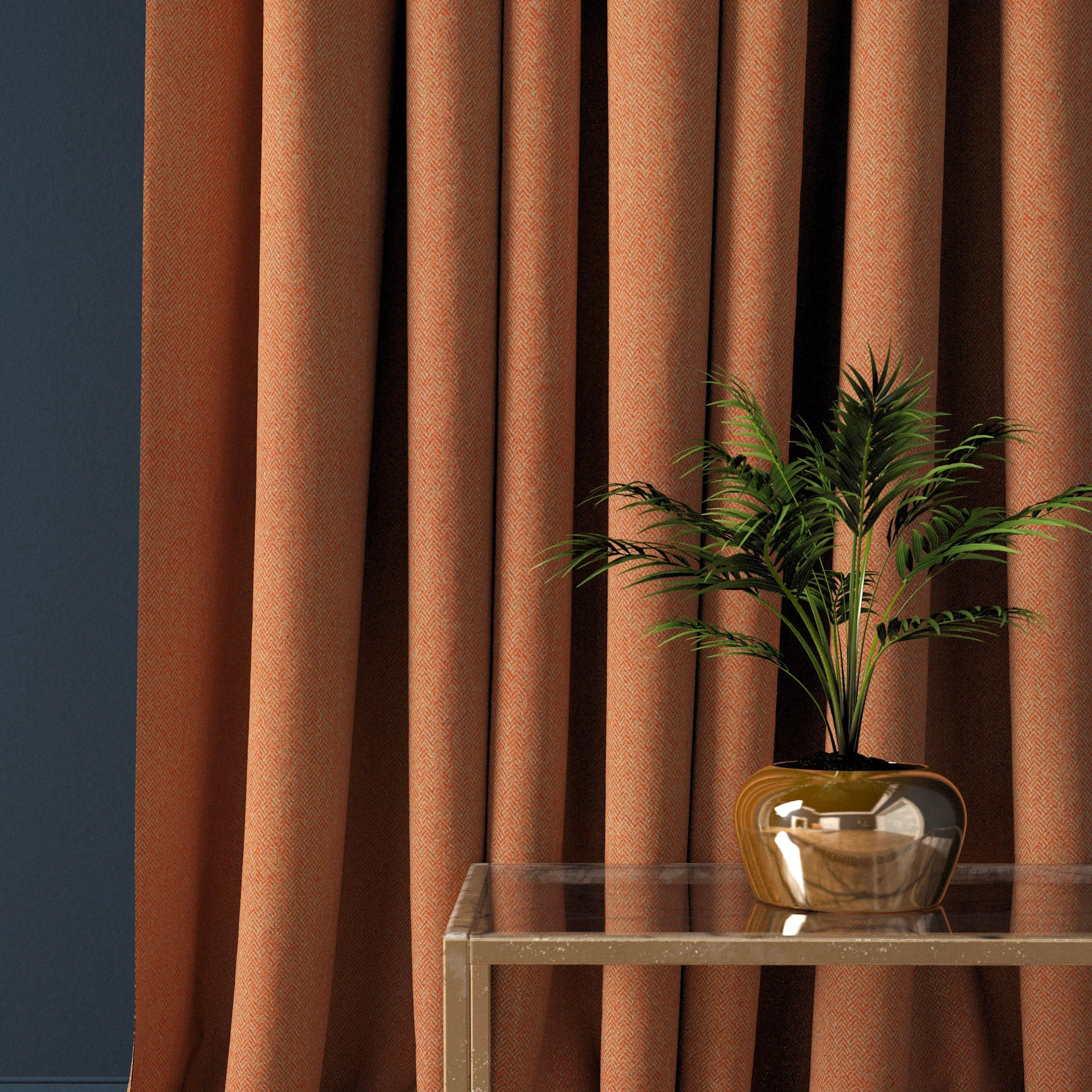 Curtain in a bright orange herringbone wool fabric