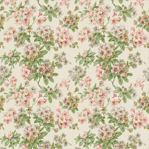 Printed linen fabric with floral pattern in white, green and pinks for linen curtains, blinds and upholstery.