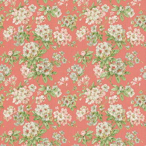 Printed linen fabric with floral pattern in pink, green and white colours for linen curtains, blinds and upholstery.