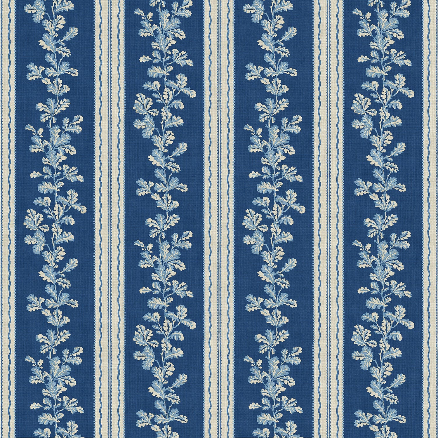 Printed linen fabric with blue and white stripes and an oak-leaf motif.
