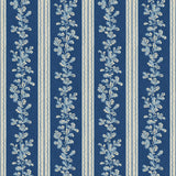 Printed linen fabric with blue and white stripes and an oak-leaf motif.