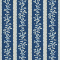Printed linen fabric with blue and white stripes and an oak-leaf motif.