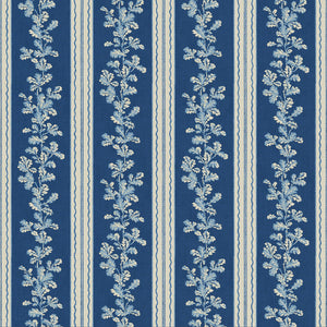 Printed linen fabric with blue and white stripes and an oak-leaf motif.