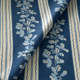 Printed linen fabric with blue and white stripes and an oak-leaf motif.