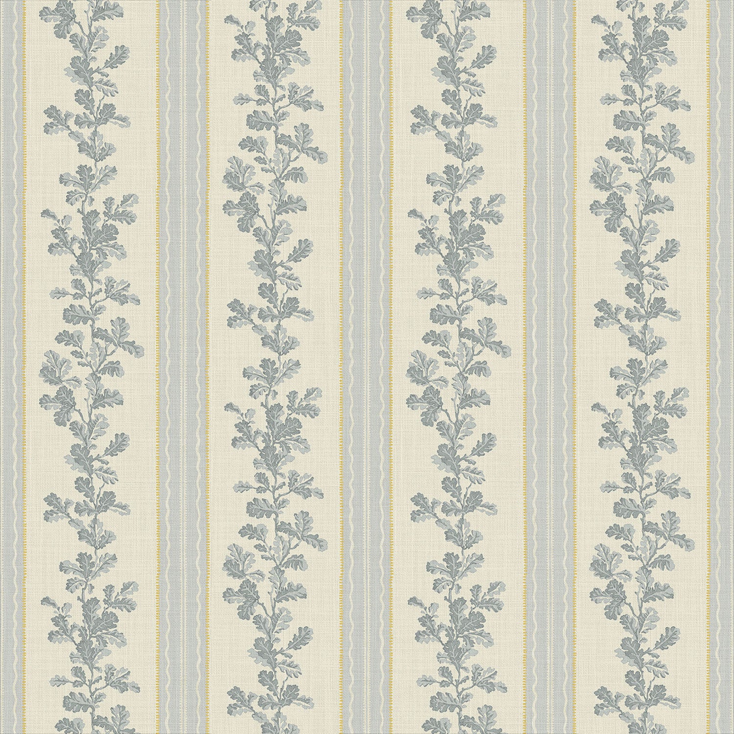 Printed linen fabric with grey and white stripes and an oak-leaf motif.
